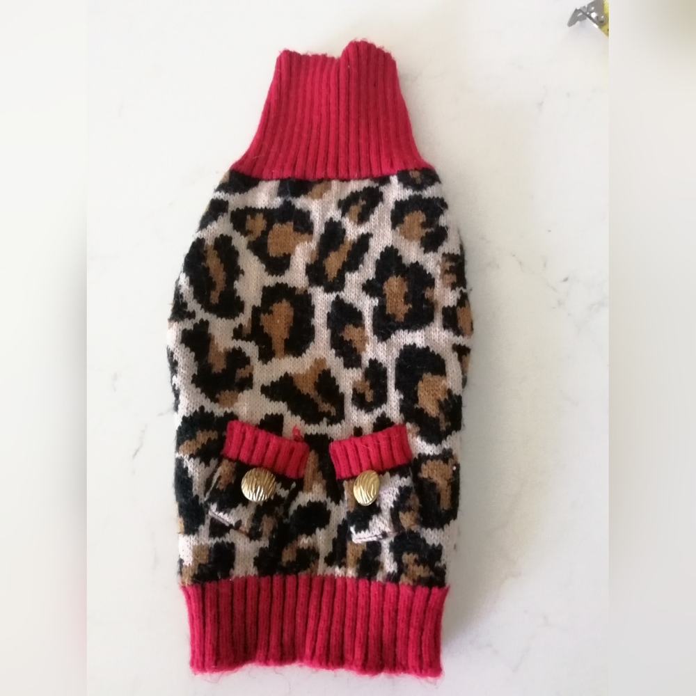 Leopard Print Dog Sweater with Red Accents